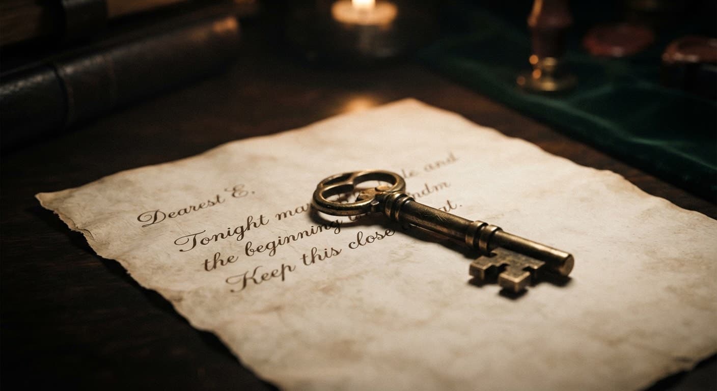 A brass key resting on a handwritten letter