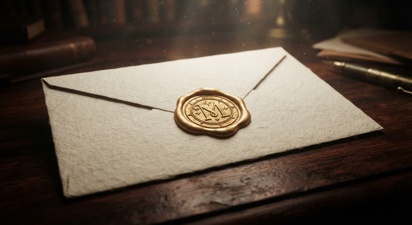A cream envelope closed with a gold wax seal